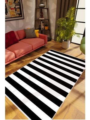 Modern Çizgili Beyaz Siyah Kaydırmaz Kesme Yıkanabilir Ince Halı