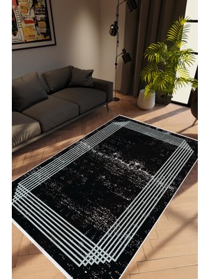 Modern Geometrik Siyah Beyaz Kaydırmaz Kesme Yıkanabilir Ince Halı