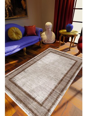 Klasik Kahverengi Vizon Kaydırmaz Kesme Yıkanabilir Ince Halı