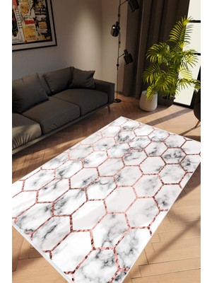 Modern Geometrik Metalik Altıgen Gri Altın Kaydırmaz Kesme Yıkanabilir Ince Halı