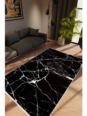 Taş Mermer Modern Siyah Beyaz Kaydırmaz Kesme Yıkanabilir Ince Halı