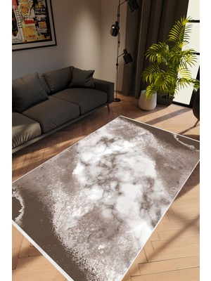 Taş Mermer Modern Kahverengi Beyaz Kaydırmaz Kesme Yıkanabilir Ince Halı