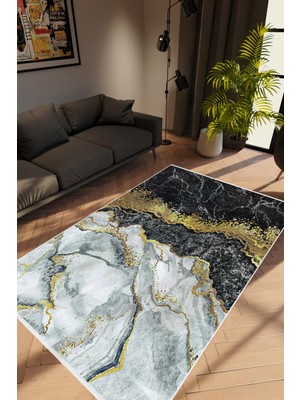 Taş Mermer Modern Gold Siyah Gri Altın Kaydırmaz Kesme Yıkanabilir Ince Halı