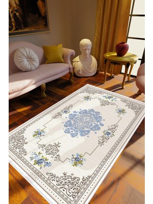 Figürlü Çiçekli Mavi Beyaz Gri Kaydırmaz Kesme Yıkanabilir Ince Halı