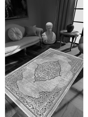 Klasik Gri Kaydırmaz Kesme Yıkanabilir Ince Halı