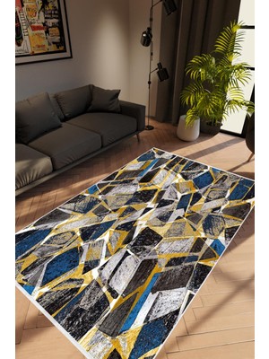 Taş Mermer Modern Lacivert Kaydırmaz Kesme Yıkanabilir Ince Halı