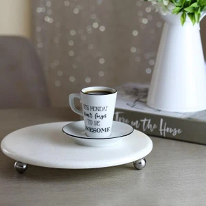 Mermer Beyaz 25 cm Gümüş Boncuk Ayak Yuvarlak Sunumluk