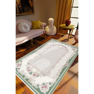 Salon Halısı Figürlü Çiçekli Yeşil Krem Kaydırmaz Kesme Yıkanabilir Ince Halı Tüysüz Kilim