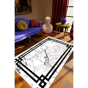 Salon Halısı Eskitme Geometrik Çerçeve Mermer Beyaz Kaydırmaz Yıkanabilir Ince Halı Tüysüz Kilim