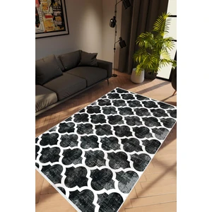 Salon Halısı Modern Geometrik Siyah Krem Kaydırmaz Kesme Yıkanabilir Ince Halı Tüysüz Kilim
