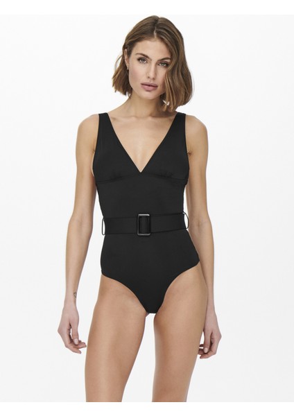 Onlcindy Belt Swimsuit Normal Kalıp Düz Siyah Kadın Mayo