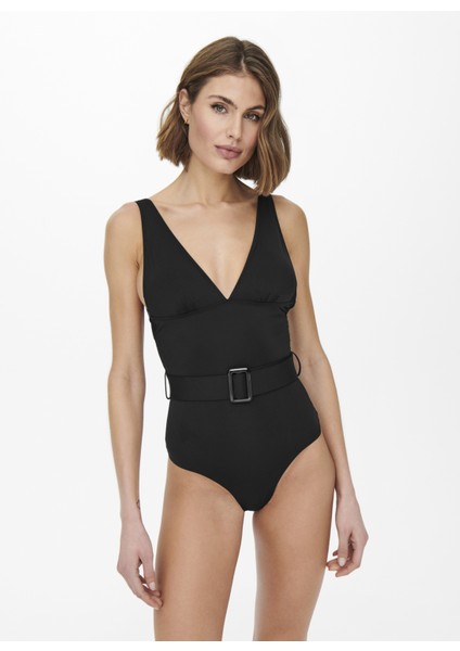 Onlcindy Belt Swimsuit Normal Kalıp Düz Siyah Kadın Mayo