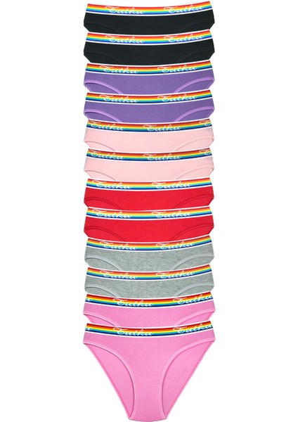 12 Adet Beli Renkli Lastik Pamuklu Kadın Slip Tutku Külot