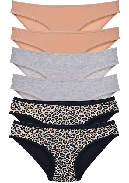 6 Adet Likralı Kadın Slip Külot Leopar Ten Gri