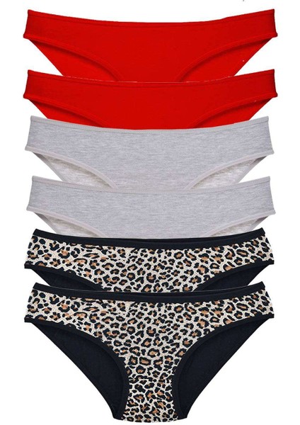 6 Adet Likralı Kadın Slip Külot Leopar Kırmızı Gri
