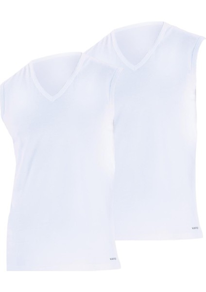 Erkek Loose Fit 2'li V Yaka Beyaz Sıfır Kol Atlet 9227 Blackspade
