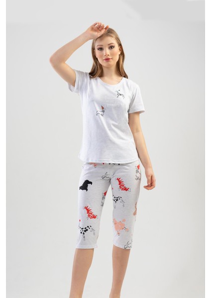 111124-0550 Bayan Kısa Kol Gri Kapri Pijama Takımı