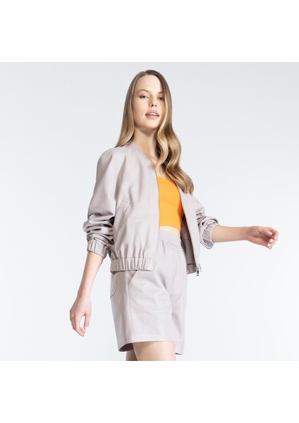 Iniga Light Rose Kadın Perforeli Deri Bomber Ceket