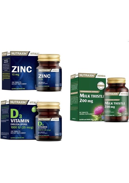 Milk Thistle 60 Tablet + D3 Vitamini 120 Tablet + Çinko (Zinc) 100 Tablet
