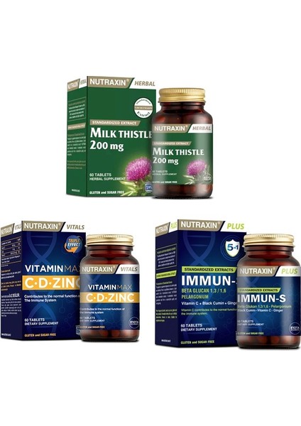 Milk Thistle 60 Tablet + Vitamin Max (C,d,zinc) 60 Tablet + Immun-S 60 Tablet