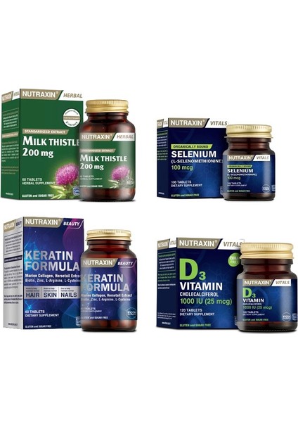 Milk Thistle 60 Tablet+Selenium 100 Tablet+Keratin Formula 60 Tablet+D3 Vitamini 120 Tablet