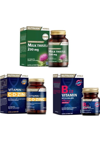 Milk Thistle 60 Tablet + Vitamin Max (C,d,zinc)60 TABLET+B12 Vitamini 60 Dilaltı