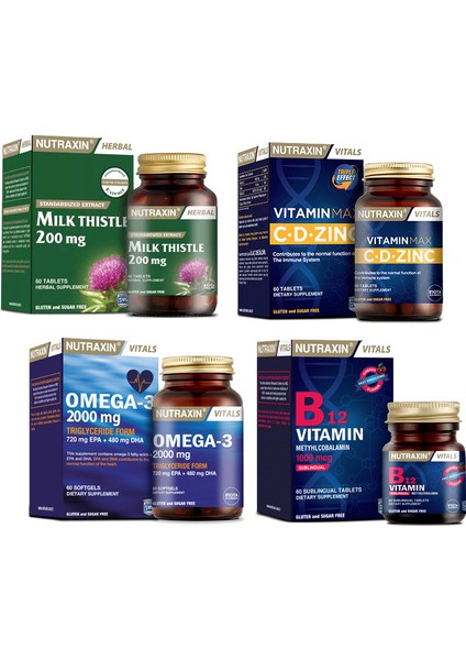 Milk Thistle 60 Tablet+Omega 3 Balık Yağı 2000 Mg 60 Kapsül +Vitamin Max+B VITAMINI+B12 Vitamini