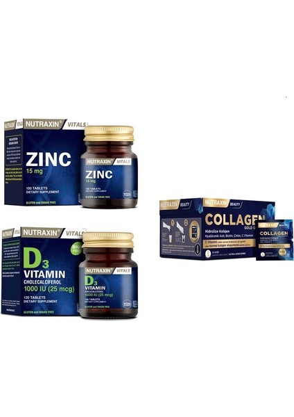 Collagen 30 Saşe 10000 Mg + D3 Vitamini 120 Tablet + Çinko (Zinc) 100 Tablet