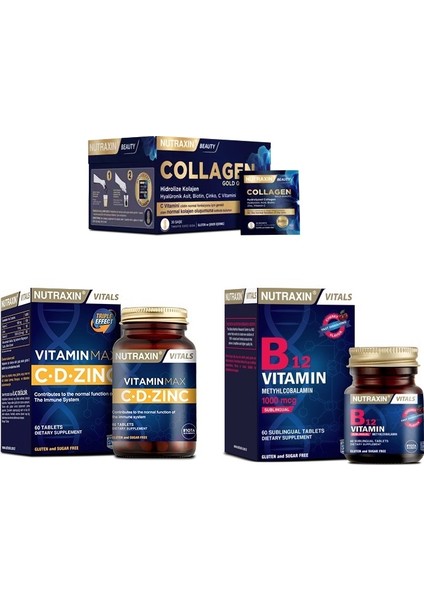 Collagen 30 Saşe 10000 Mg + Vitamin Max (C,d,zinc)60 TABLET+B12 Vitamini 60 Dilaltı