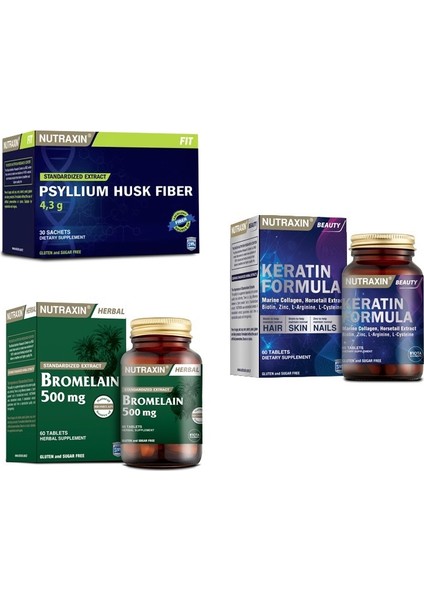 Psyllium Husk Fiber 30 Saşe+ Bromelain 60 Kapsül + Keratin Formula 60 Tablet