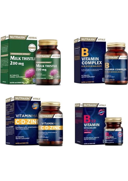 Milk Thistle 60 Tablet +Vitamin Max(C,d,zinc)+ B Vitamin Complex + B12 Vitamini