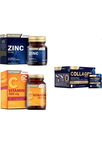 Collagen 30 Saşe 10000 Mg + Zinc (Çinko) 100 Tablet + C Vitamini 30 Tablet