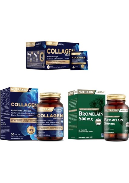 Collagen 30 Saşe 10000 Mg + Hidrolize 30 Tablet + Bromelain 60 Kapsül