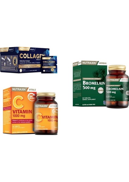Collagen 30 Saşe 10000 Mg + Bromelain 60 Kapsül + C Vitamini 1000 Mg 30 Tablet