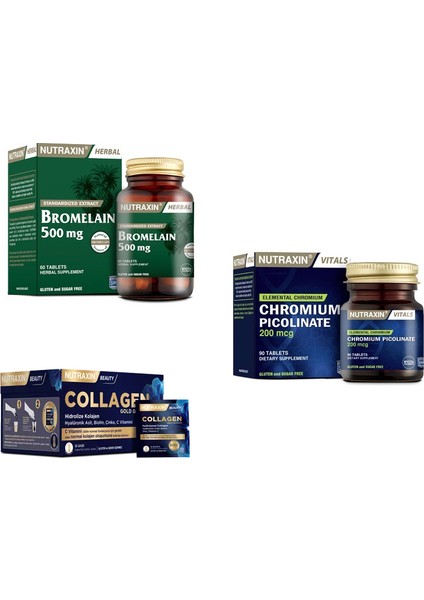 Collagen 30 Saşe 10000 Mg+Bromelain 500 Mg 60 Kapsül + Chromium Picolinate (Krom) 90 Tablet