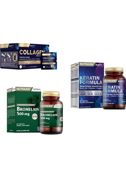 Collagen 30 Saşe 10000 Mg+ Bromelain 60 Kapsül + Keratin Formula 60 Tablet