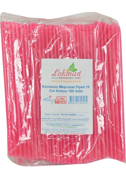 Lokmanavm Körüksüz Pipet Ayran Kola Meşrubat Pipeti 19 cm Kırmızı 150 Adet Paket