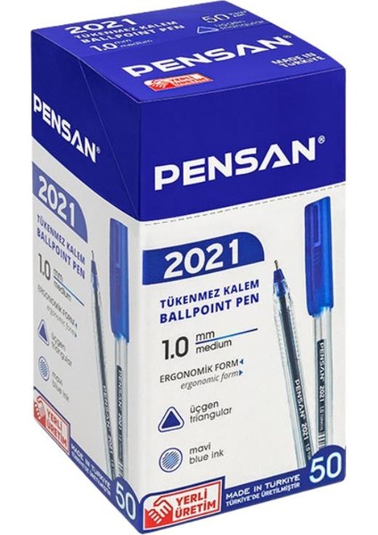 Tükenmez Kalem 2021 Şeffaf Üçgen Gövde 1.0 mm 50'li Mavi
