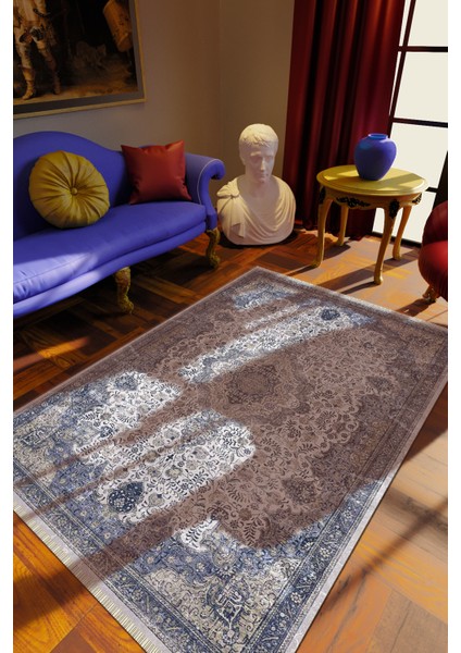 Klasik Indigo Dijital Baskı Halı Kaydırmaz Ince Yıkanabilir