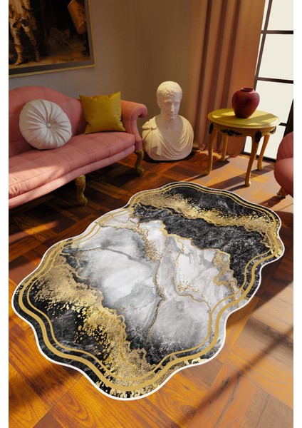 Salon Halısı Klasik Modern Altın Siyah Beyaz Kahve Kaydırmaz Yıkanabilir Ince Halı Tüysüz Kilim