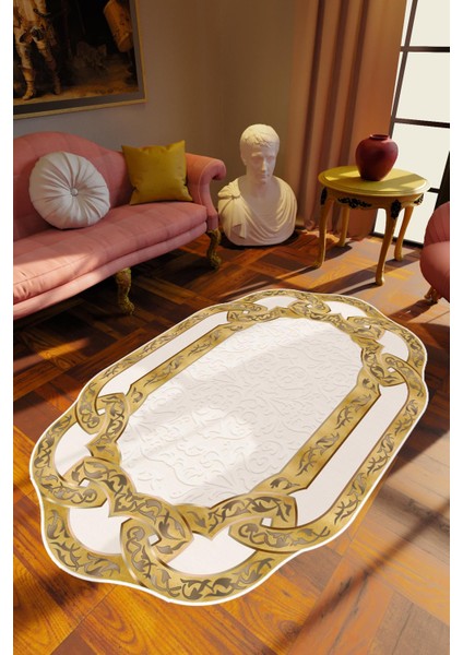 Salon Halısı Klasik Modern Altın Ekru Kaydırmaz Kesme Yıkanabilir Ince Halı Tüysüz Kilim
