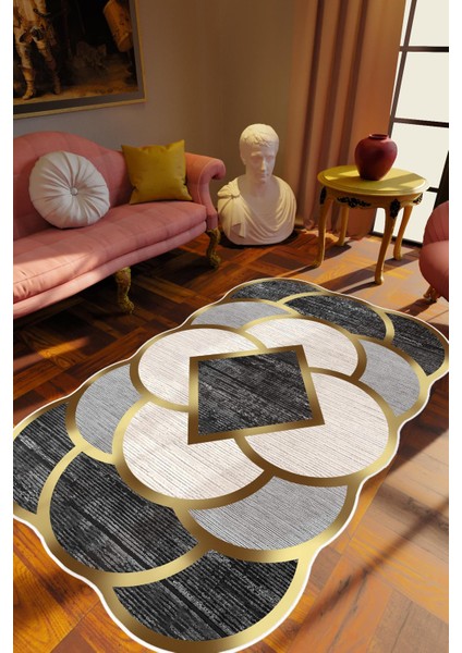 Salon Halısı Klasik Modern Altın Siyah Ekru Metalik Kaydırmaz Yıkanabilir Ince Halı Tüysüz Kilim