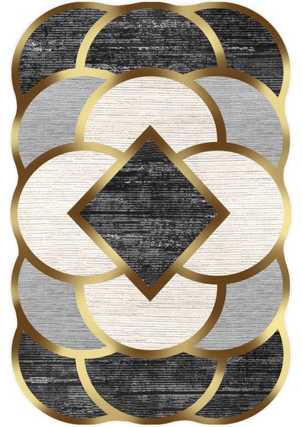 Salon Halısı Klasik Modern Altın Siyah Ekru Metalik Kaydırmaz Yıkanabilir Ince Halı Tüysüz Kilim