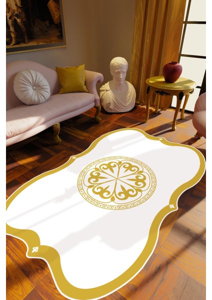 Salon Halısı Klasik Modern Altın Gold Sarı Kahverengi Kaydırmaz Yıkanabilir Ince Halı Tüysüz Kilim