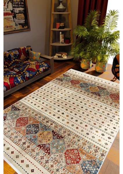 Salon Halısı Kilim Desenli Otantik Eskitme Bej Kaydırmaz Kesme Yıkanabilir Ince Halı Tüysüz Kilim