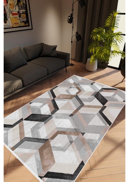 Salon Halısı Modern Geometrik Kahverengi Gri Kaydırmaz Kesme Yıkanabilir Ince Halı Tüysüz Kilim