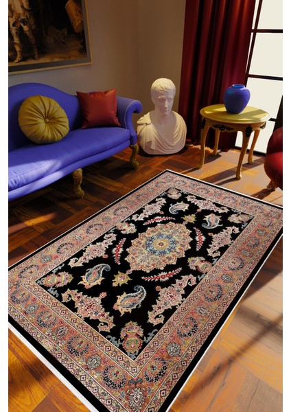 Salon Halısı Eskitme Retro Kahverengi Siyah Kaydırmaz Kesme Yıkanabilir Ince Halı Tüysüz Kilim