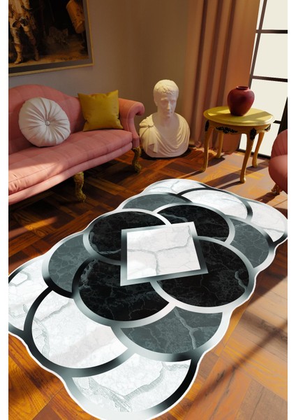 Salon Halısı Klasik Modern Gümüş Gri Beyaz Siyah Kaydırmaz Kesme Yıkanabilir Ince Halı Tüysüz Kilim
