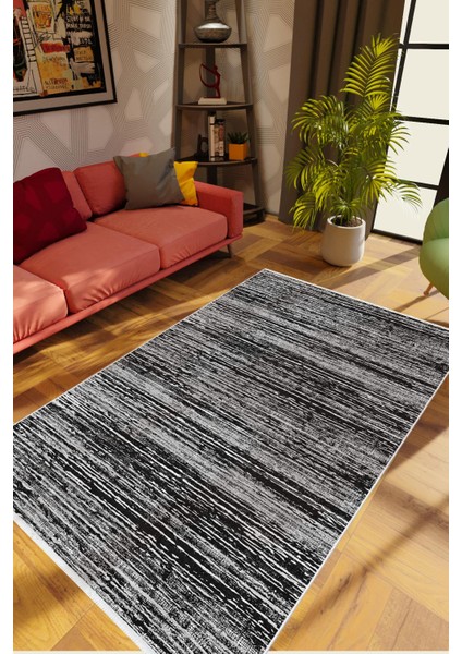 Salon Halısı Modern Eskitme Siyah Gri Kaydırmaz Kesme Yıkanabilir Ince Halı Tüysüz Kilim