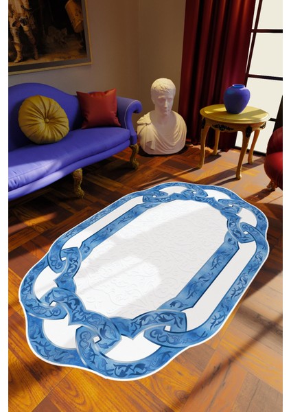 Salon Halısı Klasik Modern Mavi Beyaz Kaydırmaz Kesme Yıkanabilir Ince Halı Tüysüz Kilim